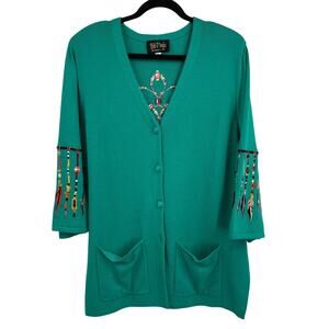Bob Mackie Art Cardigan‎ Embroidered Button Dream Catcher Feather Women's XL